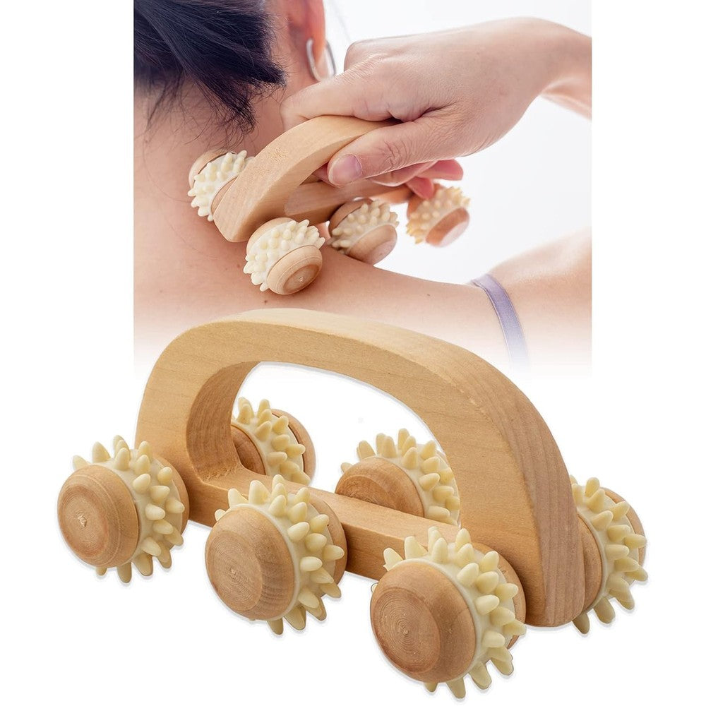 Xukele Handheld Massage Roller front view showing six textured wooden wheels and curved handle.