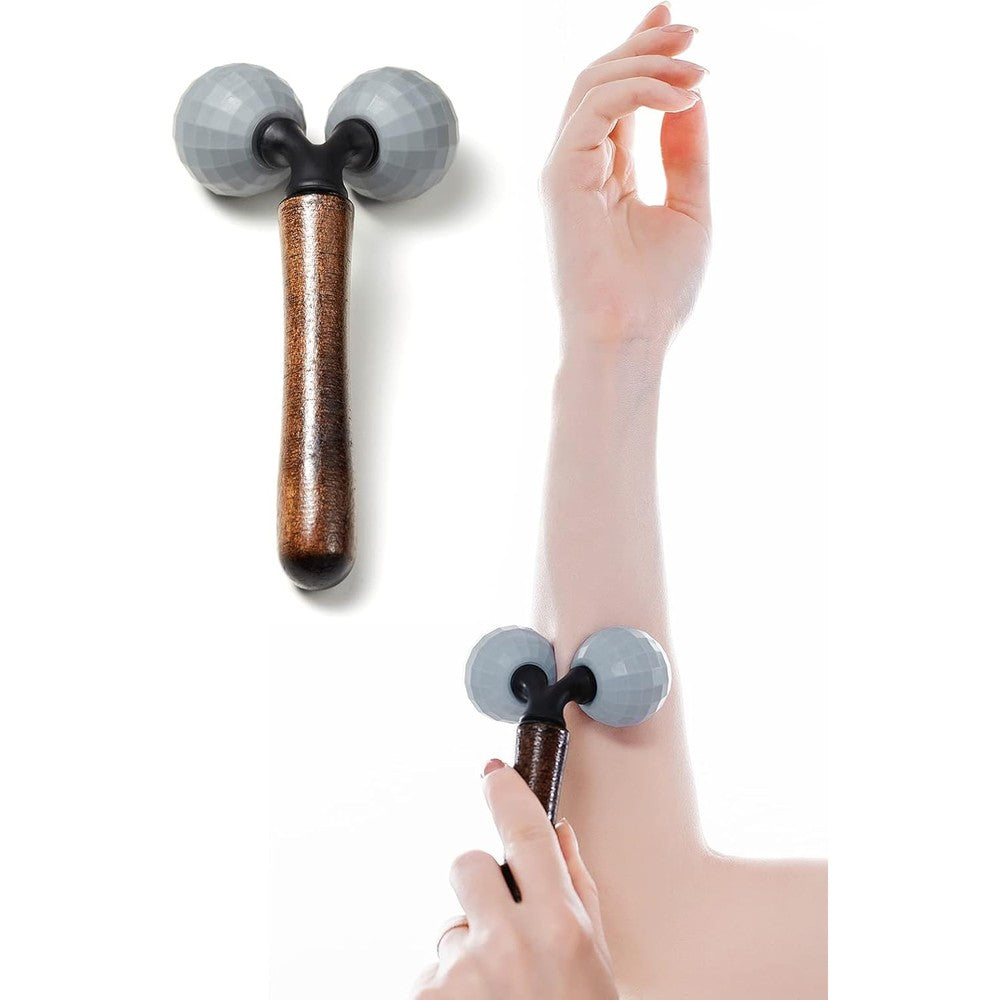 Lyanxinlei Relax Massage Roller Grey front view showing dual textured wheels and ergonomic handle.