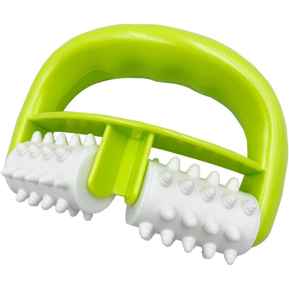 SZXL cellulite massage roller front view showing green handle and two white textured nodules wheels