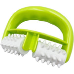 SZXL cellulite massage roller front view showing green handle and two white textured nodules wheels