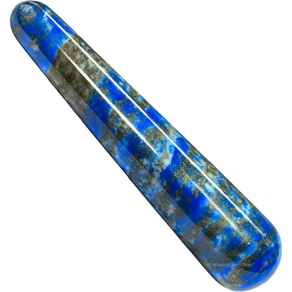 Amazing Gemstone Lapis Lazuli Crystal Wand front view showcasing deep blue polished surface with gold pyrite flecks