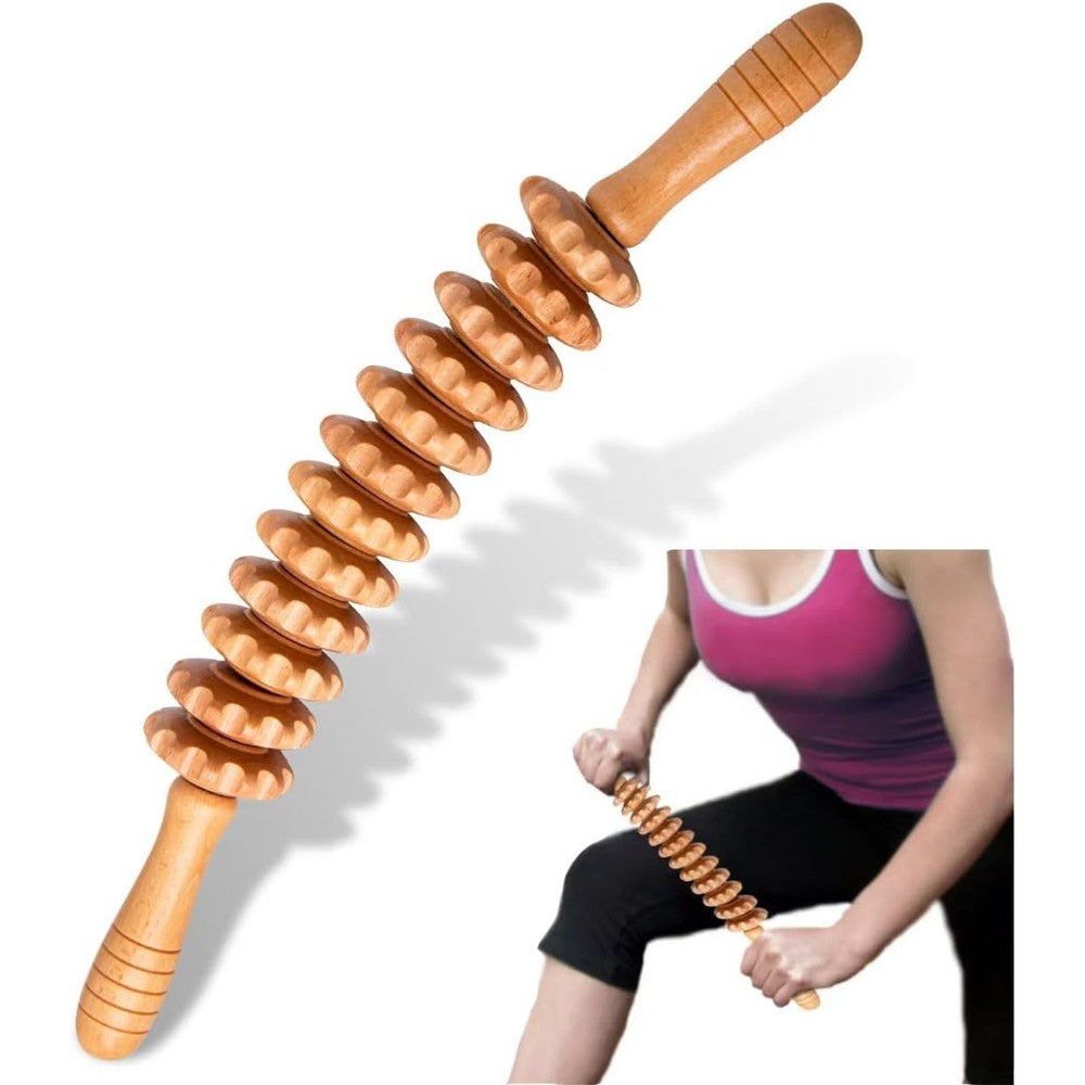 DAOZWUBGIH curved wood therapy massage roller tool front view showing rotating spheres