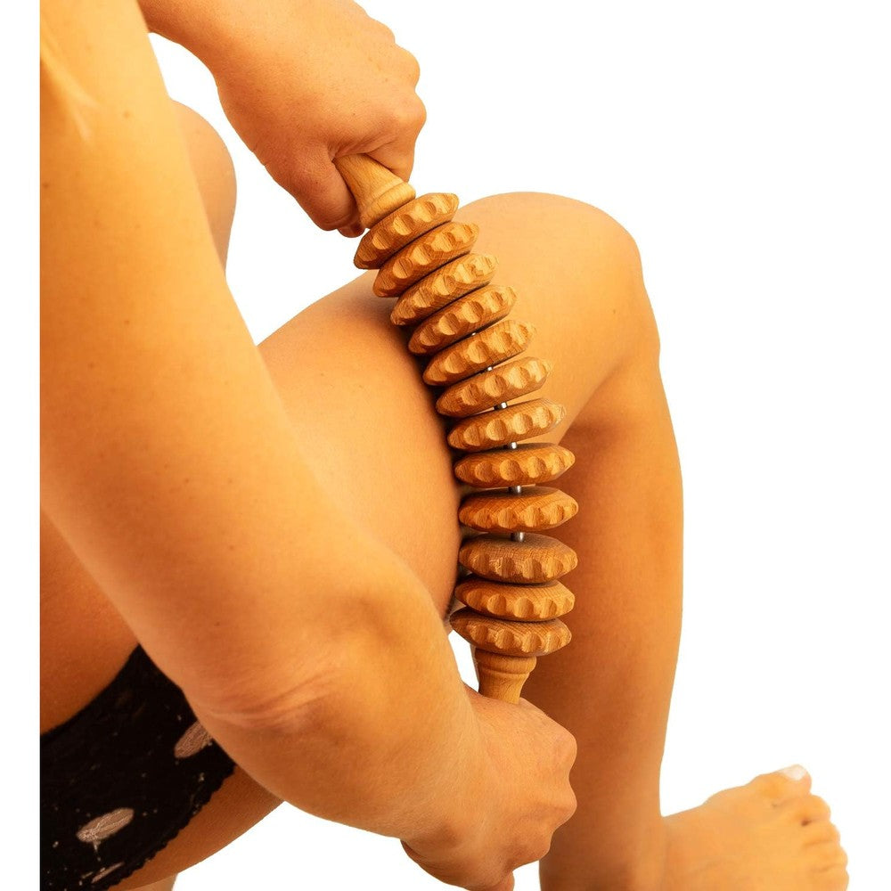 Tuuli Curved Wooden Massage Roller front view showcasing the natural beech wood finish and twelve rotating beads.