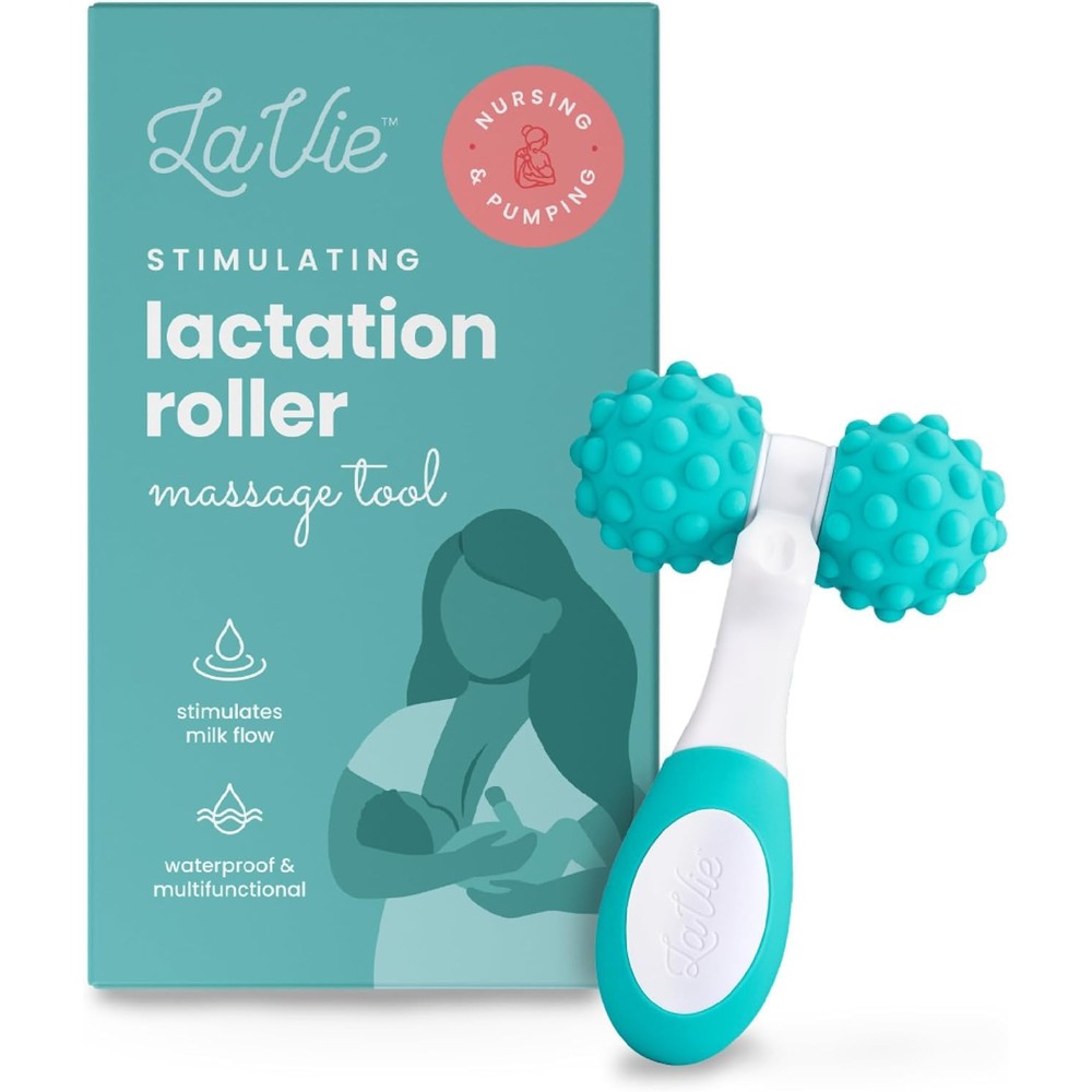 LaVie 5-in-1 Lactation Massager Roller front view showing teal medical grade silicone design for breastfeeding support.