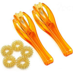 Eyxformula finger massager roller front view showing amber plastic frame and double rubber rollers