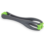 Gaiam Wellbeing Dual Manual Finger Massager front view showing ergonomic grey handle and green rollers