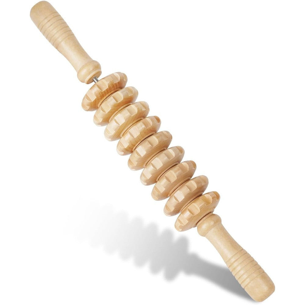 Liitrton manual wooden fascia massage roller front view showing nine rotating gears and ergonomic handles