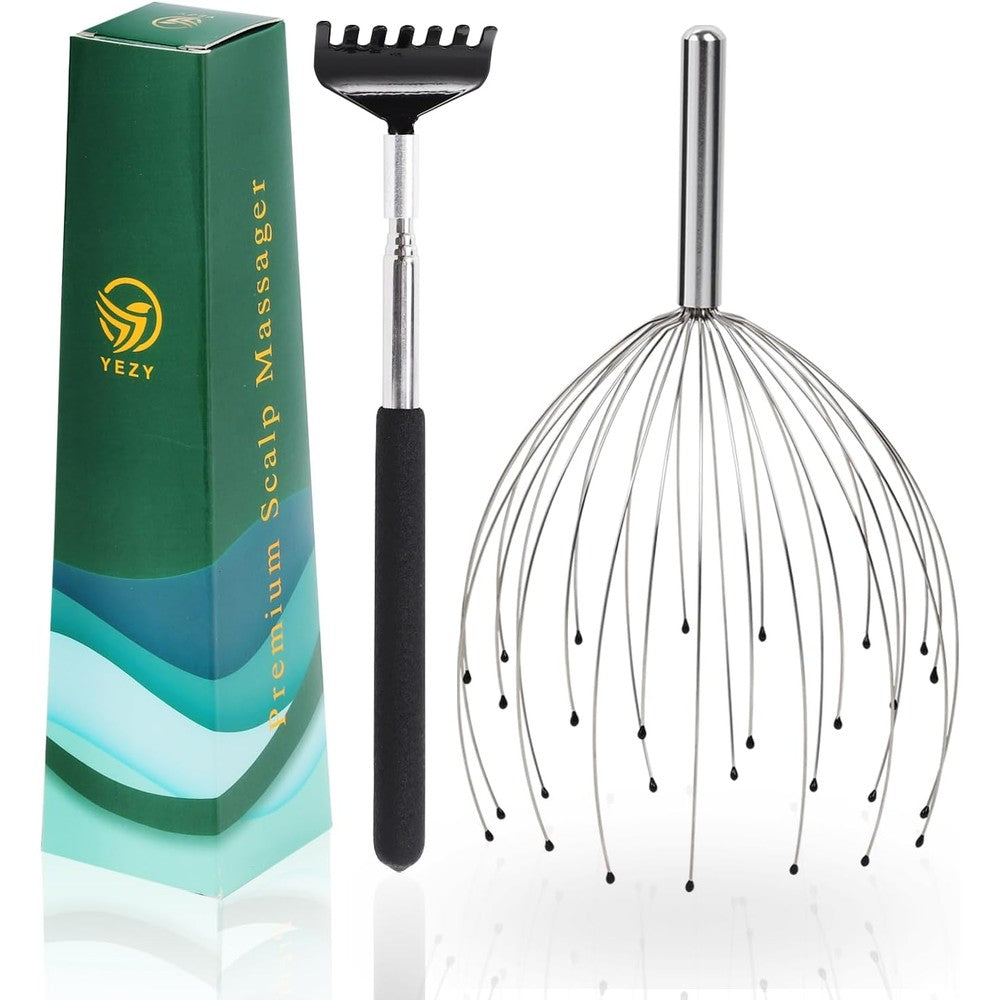 YEZY Head Massager front view showing twenty eight silvery flexible prongs with protective tips.