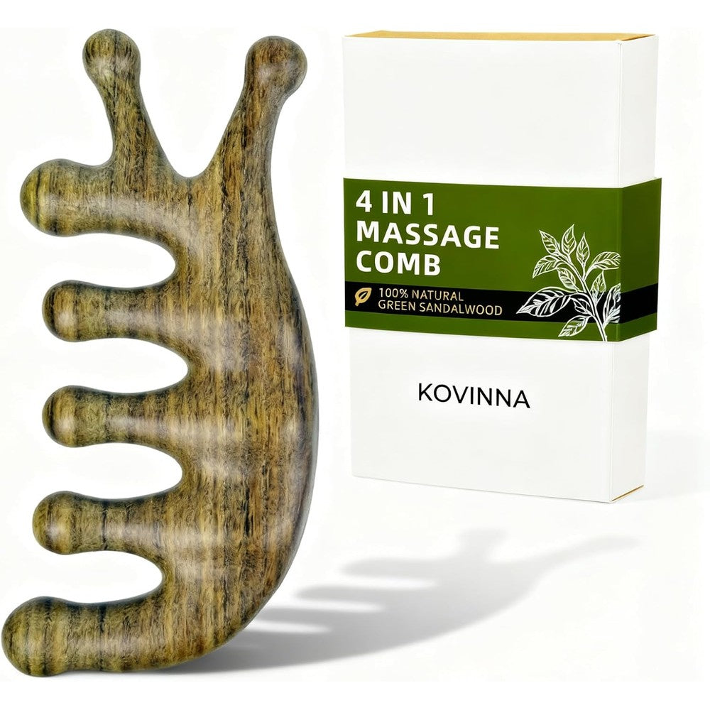 KOVINNA green sandalwood massage comb front view showing wide teeth