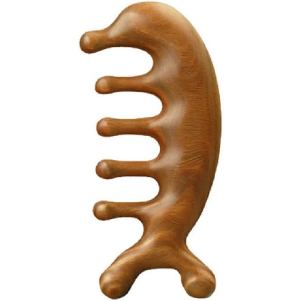 SAEEYCUE green sandalwood comb front view showcasing natural wood grain and dolphin shape design.