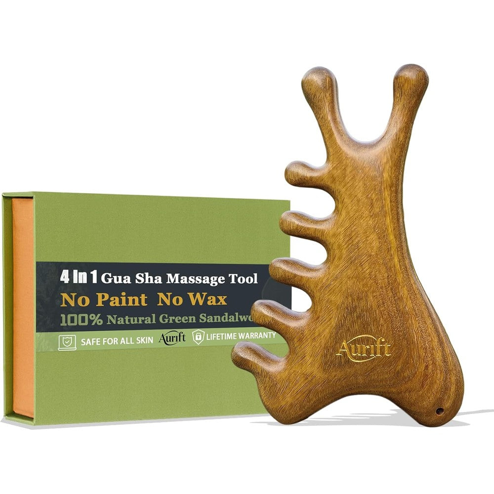 Aurift 4 in 1 wooden gua sha tool front view showing natural green sandalwood grain