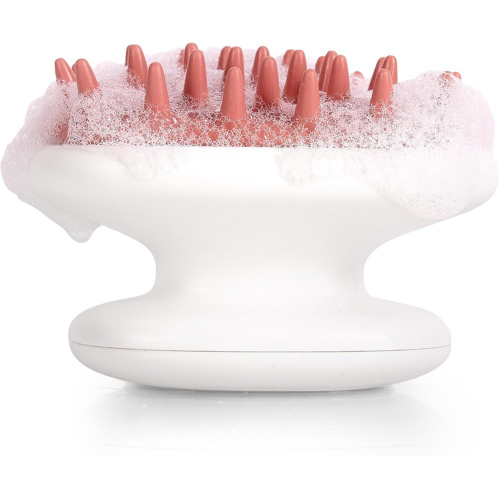 Kamedis Scalp Massager Shampoo Brush front view showcasing soft grey silicone bristles and orange accent handle.