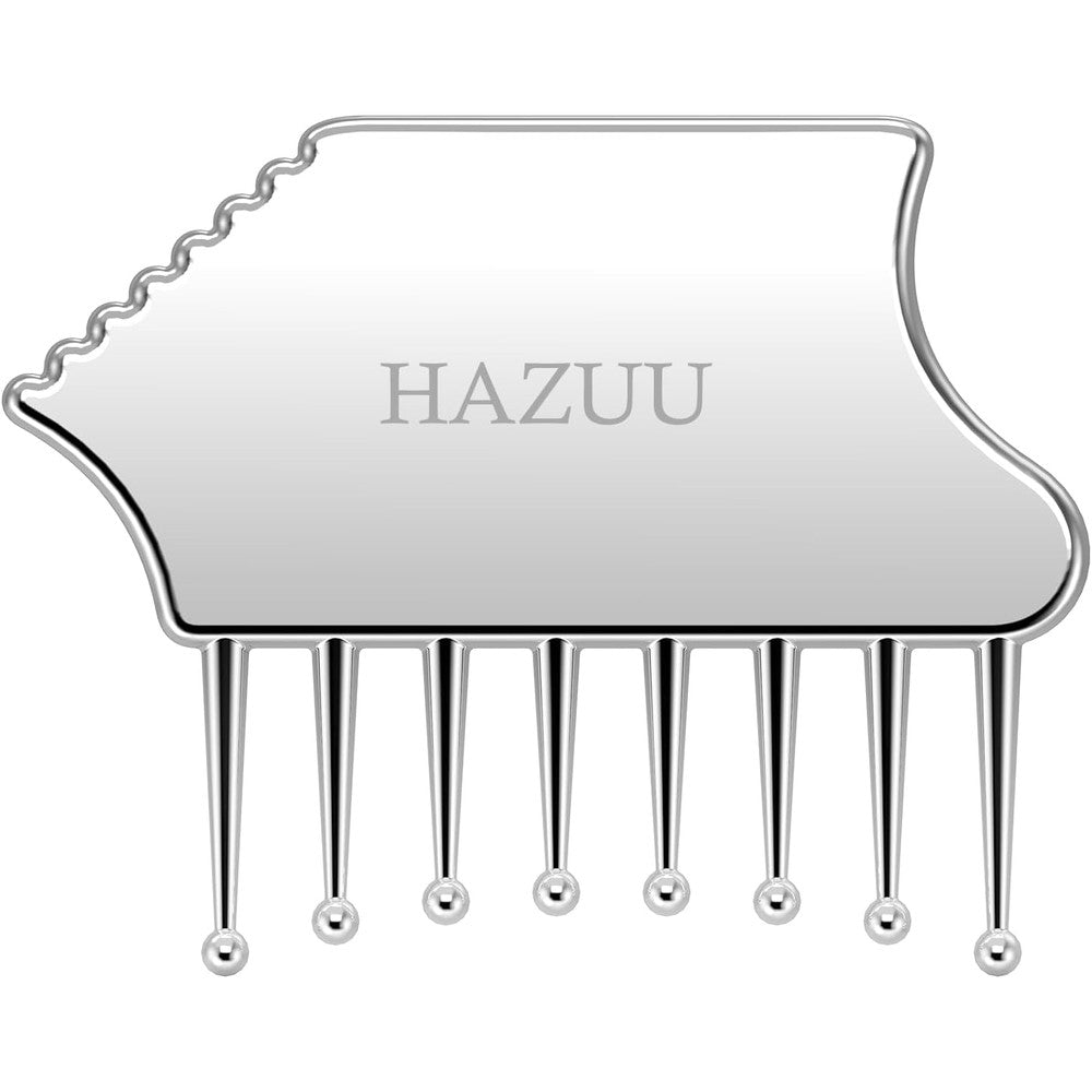 HAZUU portable stainless steel scalp massager front view showing the unique claw massage head shape.