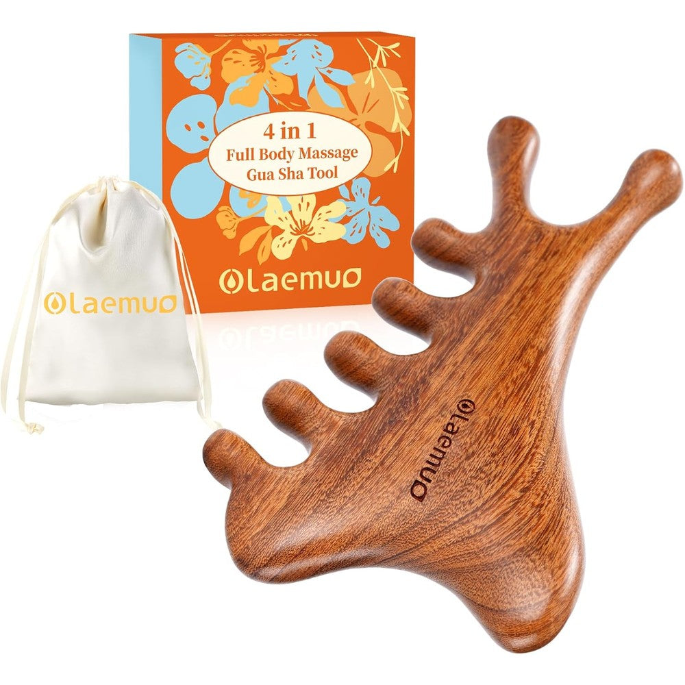 Olaemuo 4 in 1 sandalwood gua sha tool front view showing wide tooth comb design