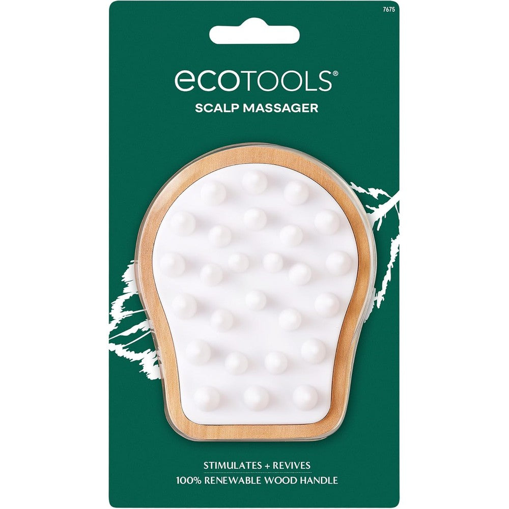 EcoTools Scalp Massager front view showcasing the eco-friendly cherrywood handle and white silicone bristles.