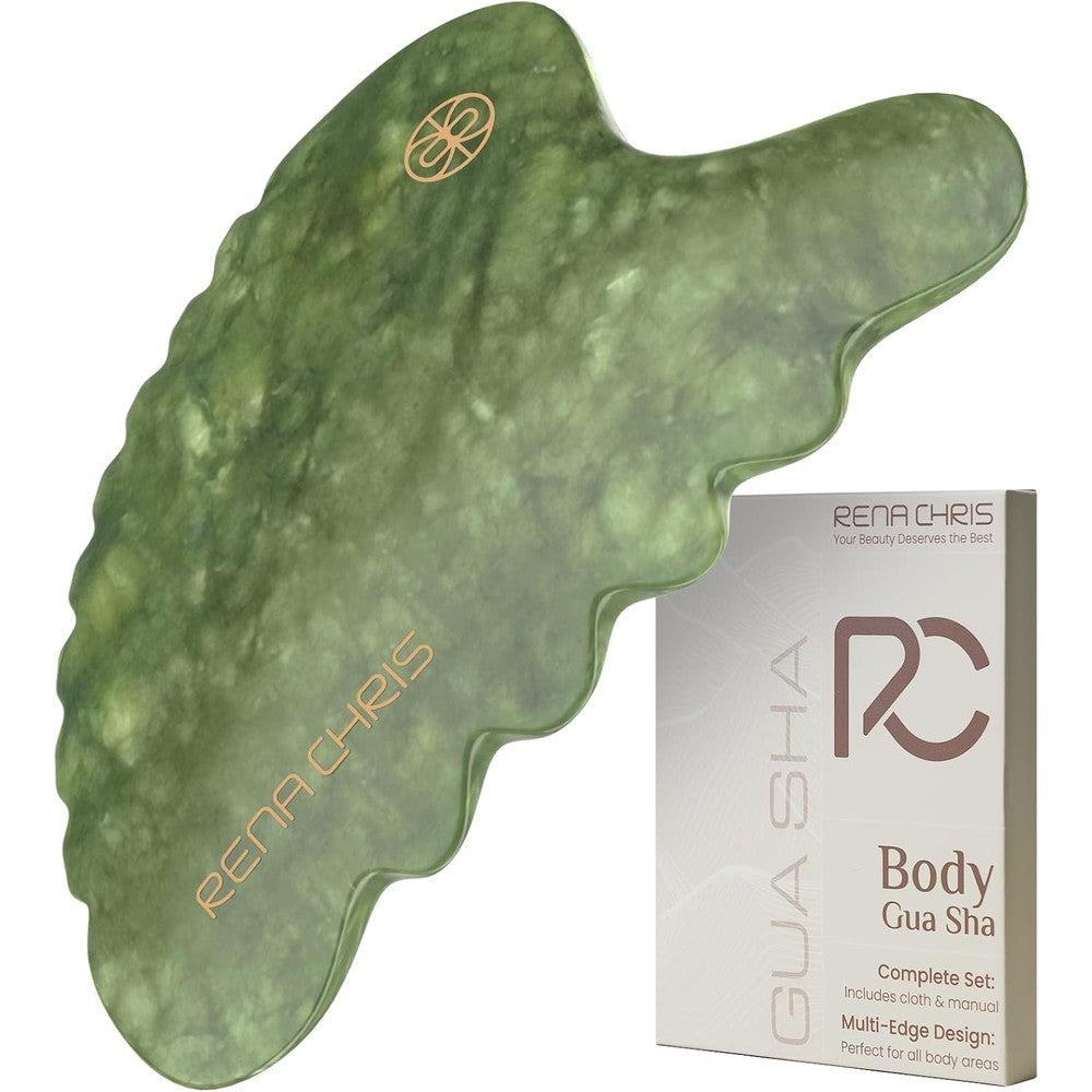 Rena Chris Body Gua Sha natural green Xiuyan jade tool front view displaying smooth polished edges