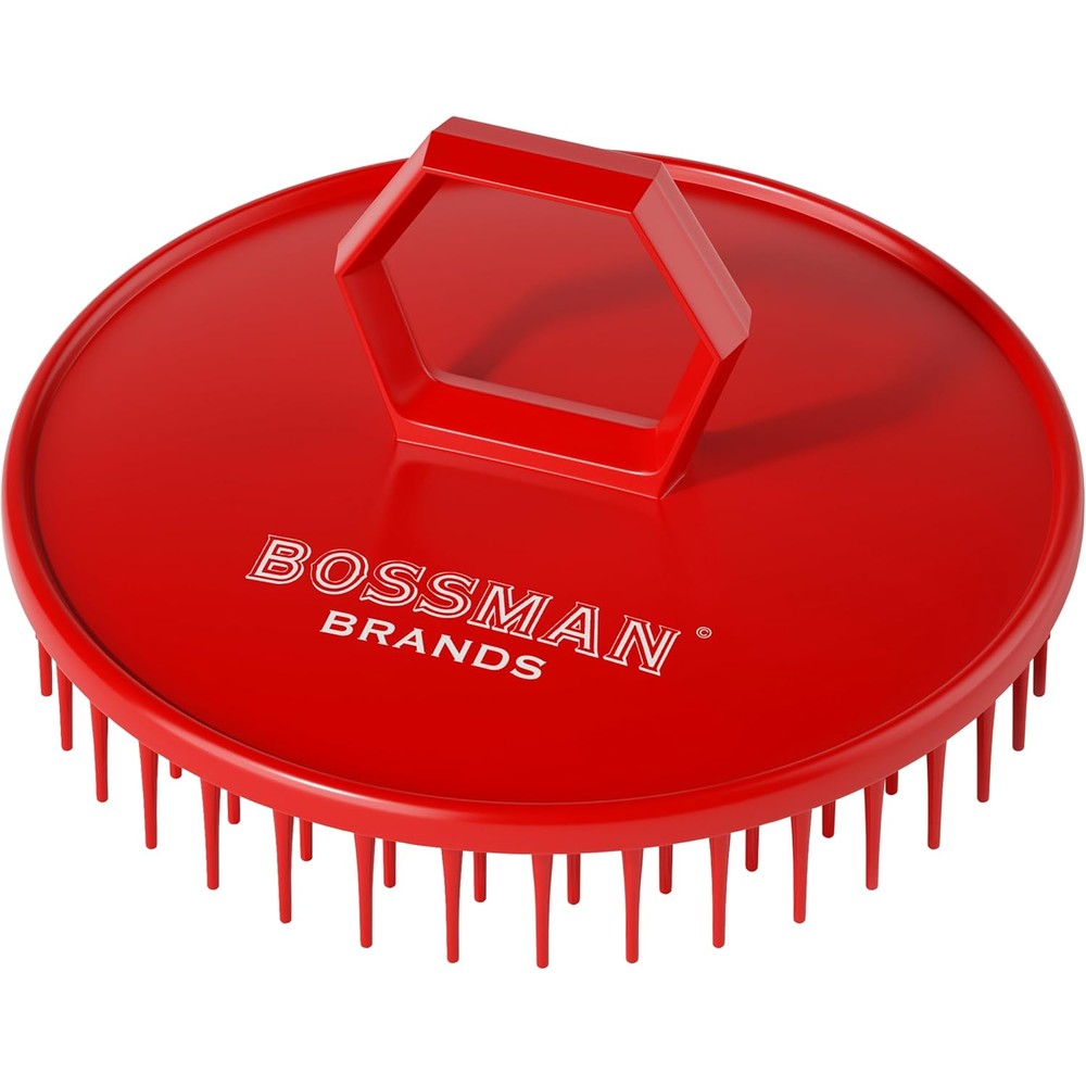Bossman Scalp Massager and Shampoo Brush front view showing red firm bristles.