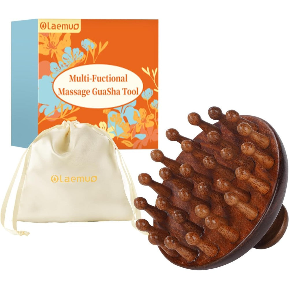 Olaemuo wooden scalp massager front view showing twenty eight bamboo pins with premium gift box