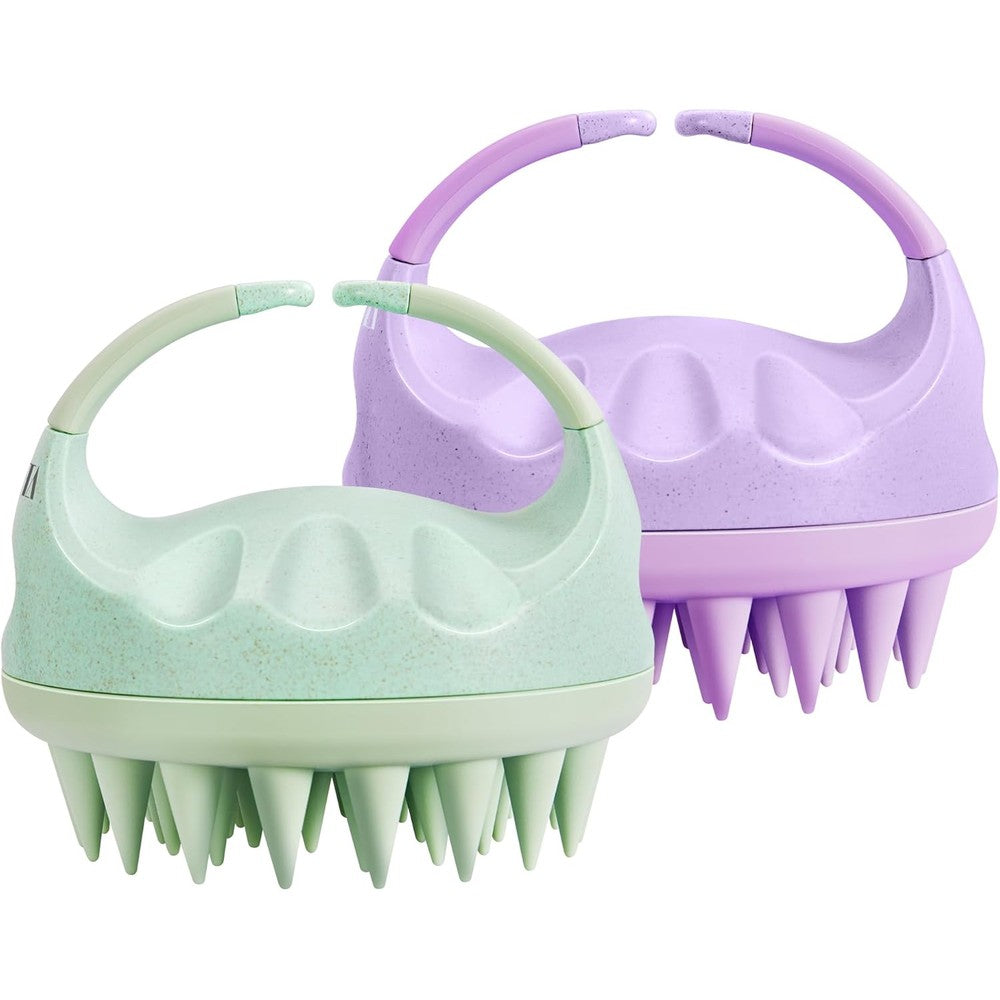 HEETA Scalp Massager front view showing green and purple shampoo brushes with silicone bristles