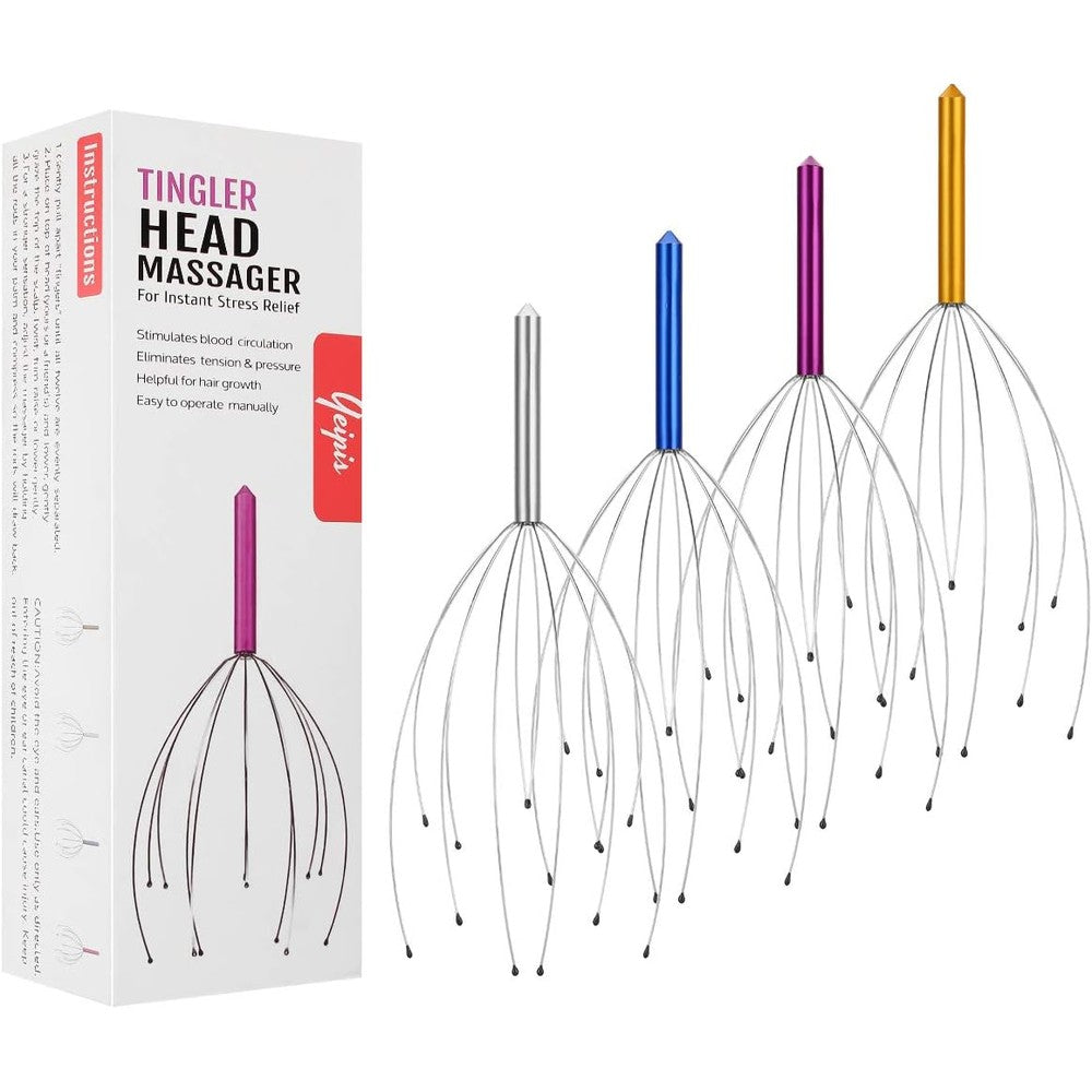 Yeipis Handheld Head Massager Tingler front view showing twelve metal fingers with rubber tips.