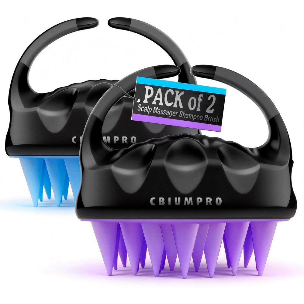 Cbiumpro scalp massager shampoo brush front view showing black ergonomic handle and purple silicone bristles