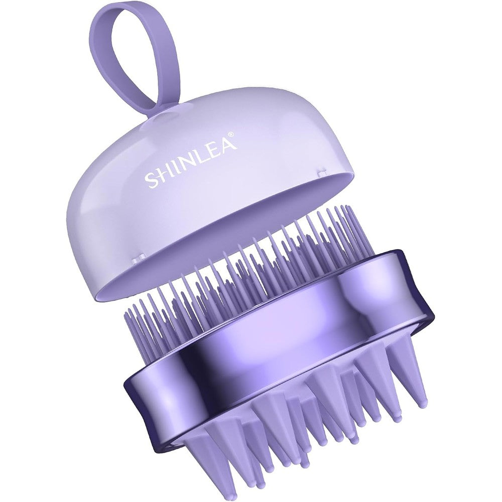 Shinlea 2 in 1 scalp massager and shampoo brush front view in lavender purple color showing ergonomic ring handle.