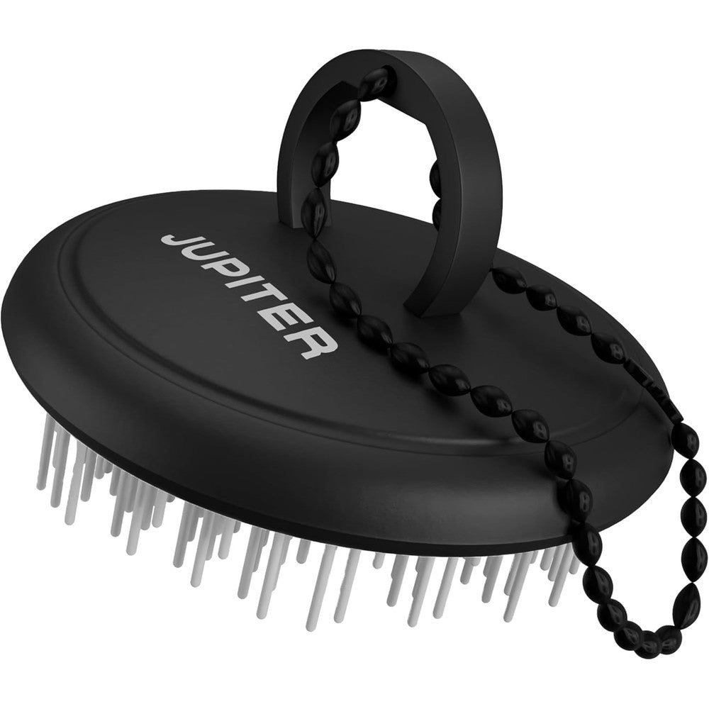 Jupiter Scalp Exfoliator tool front view showcasing the ergonomic black body and finger grip ring.