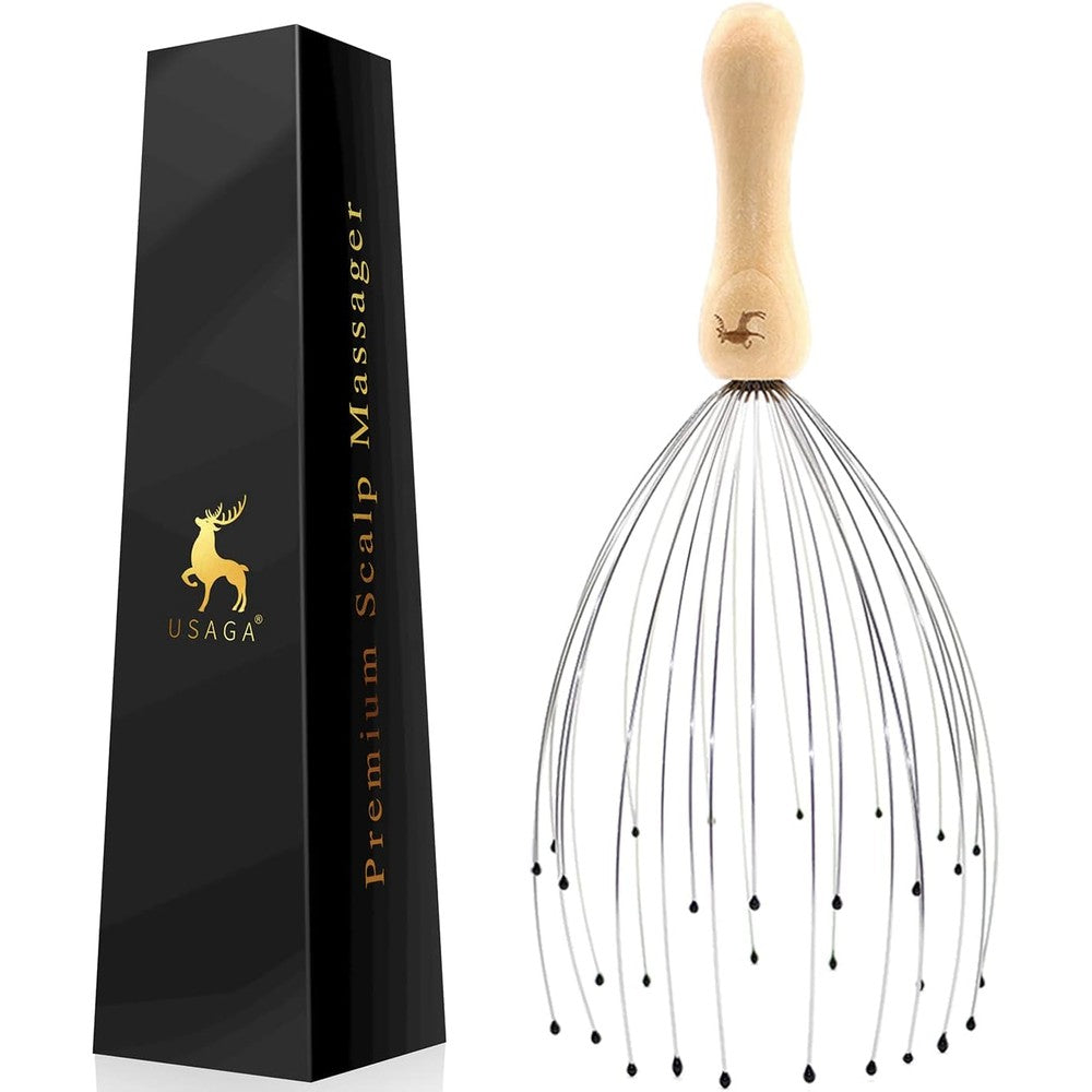 USAGA 32 Fingers Head Massager front view showcasing the premium wooden handle and metallic prongs.