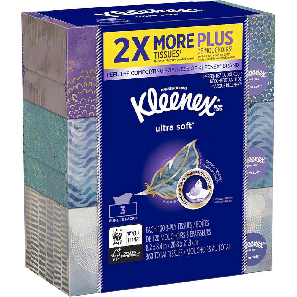 Kleenex Ultra Soft and Strong Facial Tissues front view of three pack bundle.