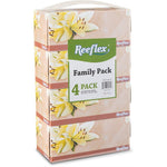 Reeflex Premium Facial Tissues front view of 4 pack family box.