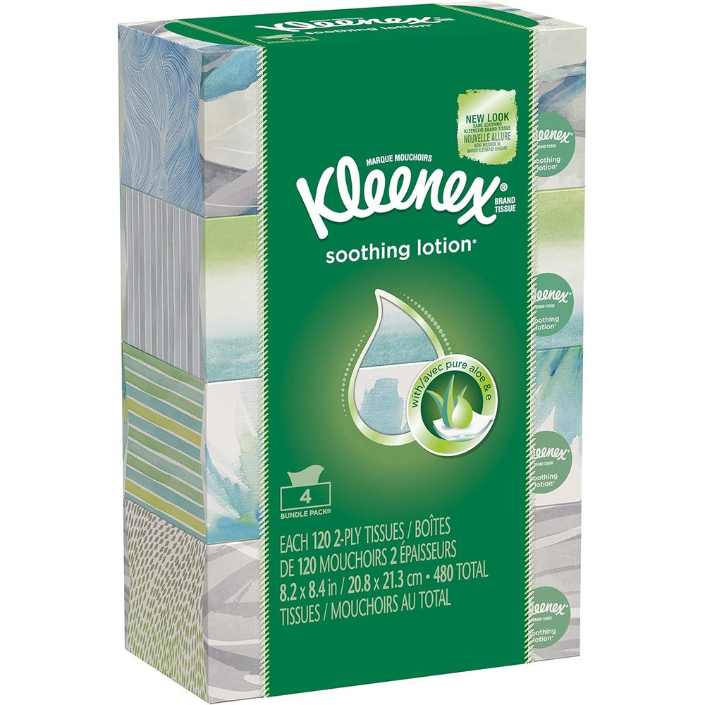 Kleenex Soothing Lotion Facial Tissues 4 pack front view with aloe vera branding.