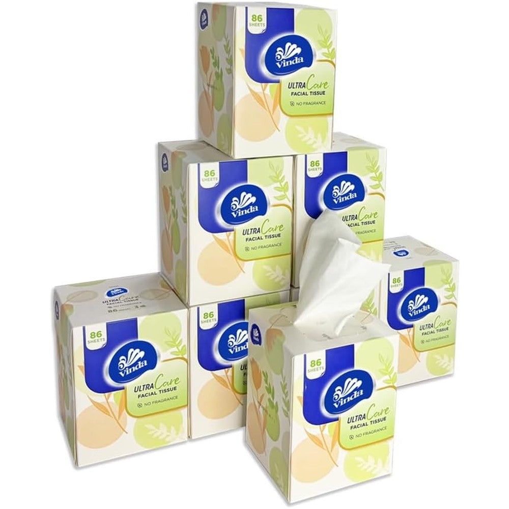 Vinda 3-Ply Ultra Care Facial Tissues front view of 8 cube boxes pack