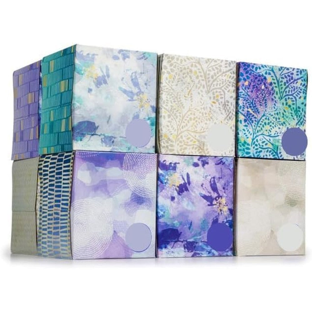 Kleenex ultra soft facial tissues 3-ply cube box front view displaying colorful artistic packaging designs
