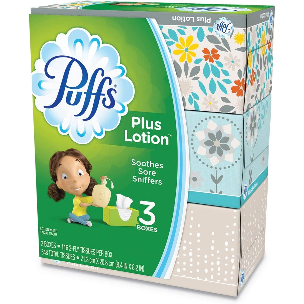 Puffs Plus Lotion Facial Tissue 3-pack front view for sensitive skin comfort.