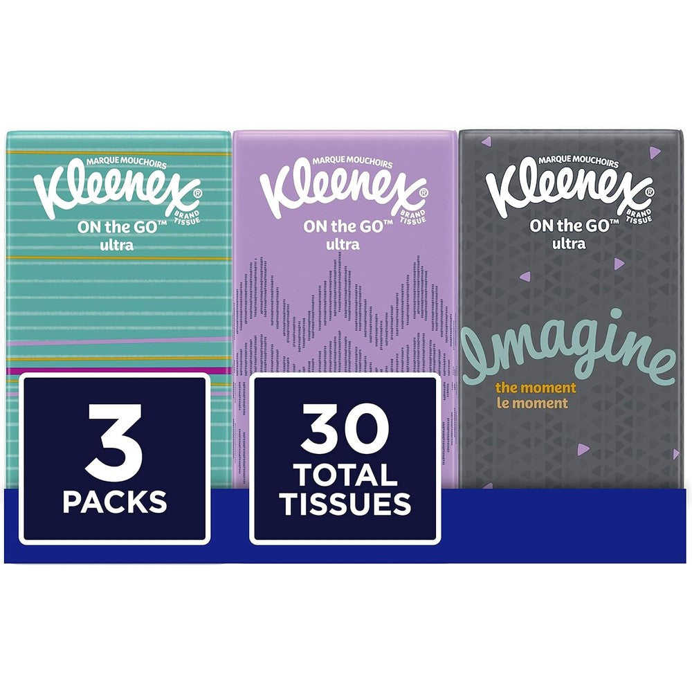 Kleenex Facial Tissues On-The-Go 3 Pack front view pocket size