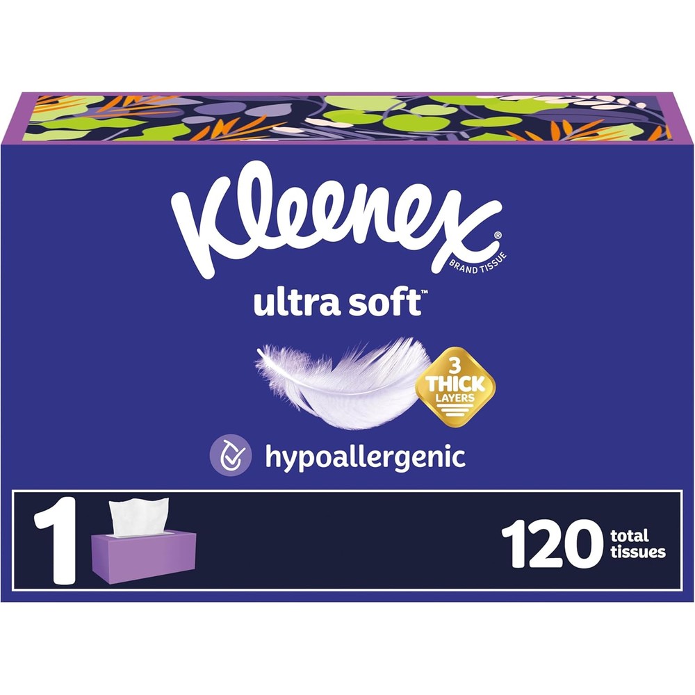Kleenex Ultra Soft Facial Tissues front view of flat box 120 count
