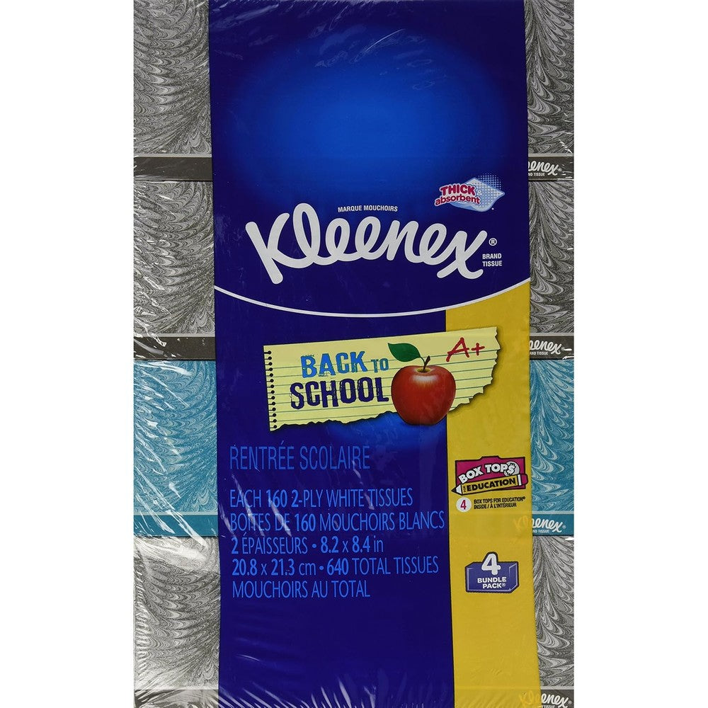Kleenex 2-ply facial tissue 4 pack box front view featuring sneeze shield protection