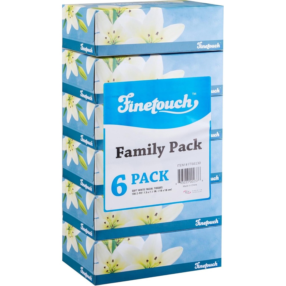 Finetouch 2-Ply Facial Tissues 6 box pack front view for bulk home supply.