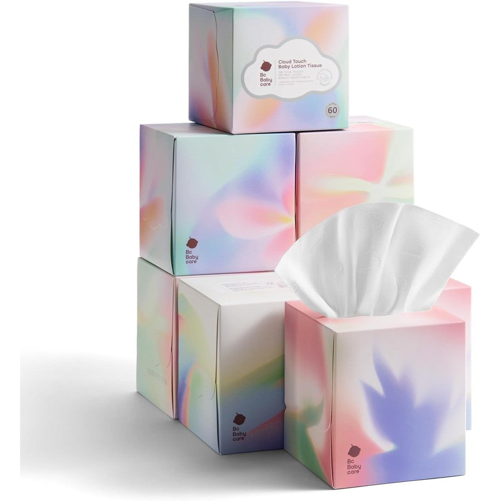 Bc Babycare Cloud Touch Lotion Ultra Soft Facial Tissues 8 cube boxes pack front view showing abstract pastel design.