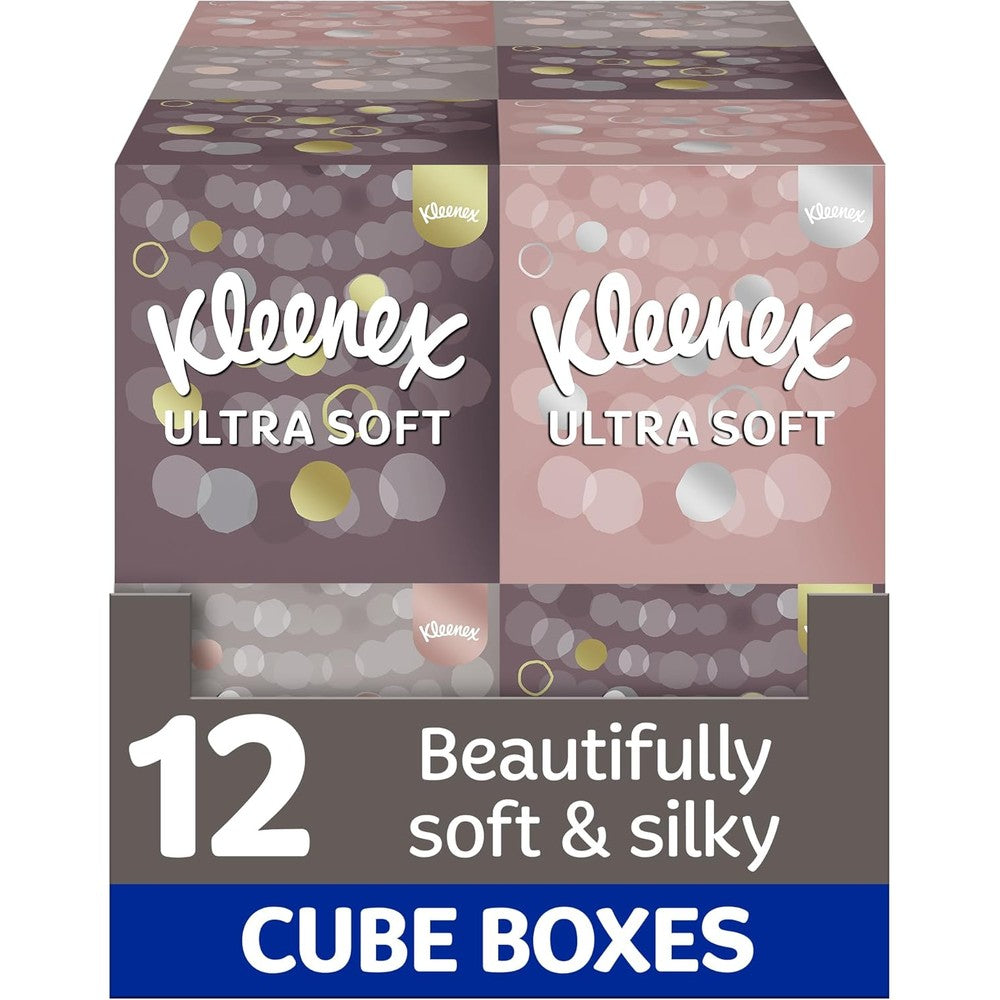 Kleenex Ultra Soft Facial Tissues pack of twelve cube boxes front view