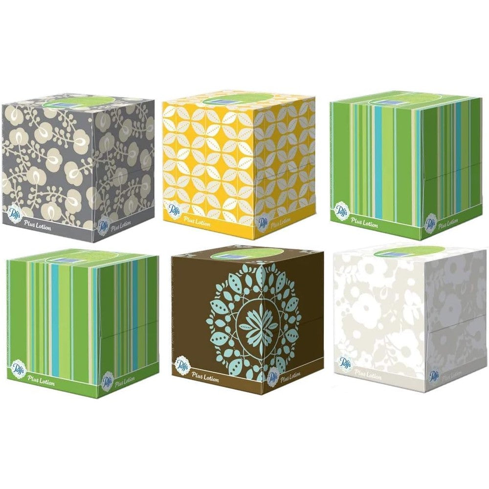 Puffs Plus Lotion Facial Tissues 6 box pack front view for sensitive skin relief.