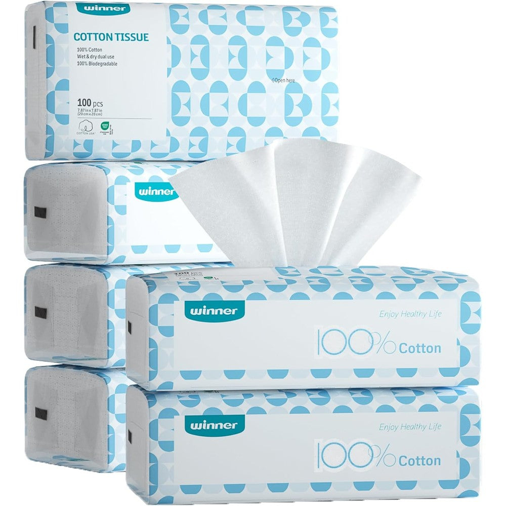 Winner Soft Face Towels 100% USDA Biobased Cotton Facial Tissues Unscented Disposable Dry Wipes For Sensitive Skin 600 Count Pack Of 6