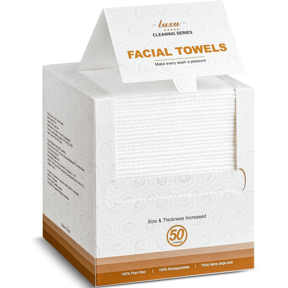 LUXU Disposable Face Towel 50 Count box front view for skincare.