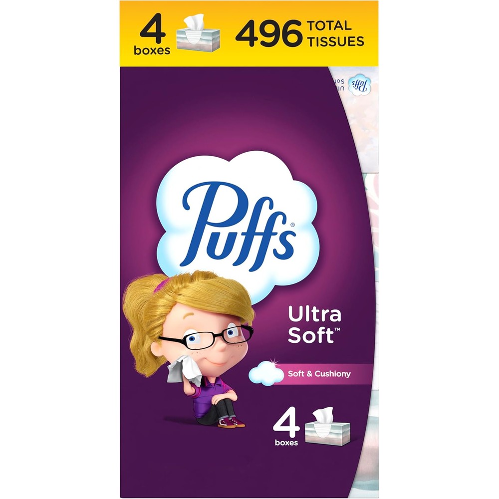 Puffs Ultra Soft Facial Tissues 4 family size boxes front view authentic imported.