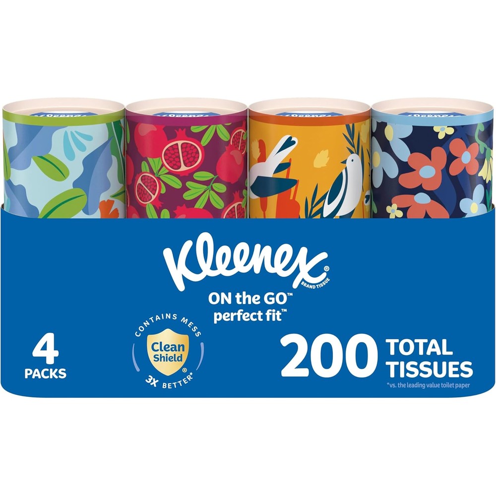 Kleenex Perfect Fit 4 pack canisters front view for car cup holders.