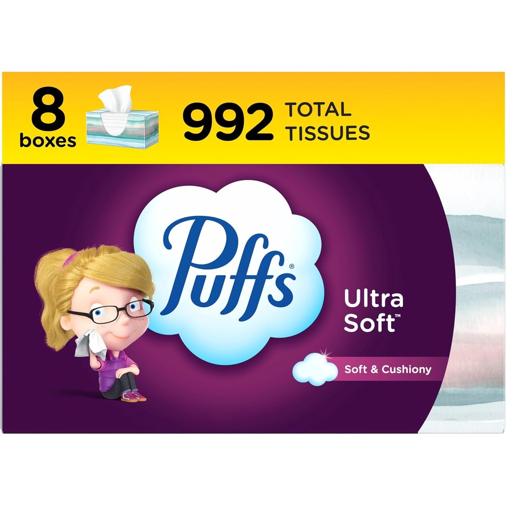 Puffs Ultra Soft Non-Lotion Facial Tissue 8 box pack front view