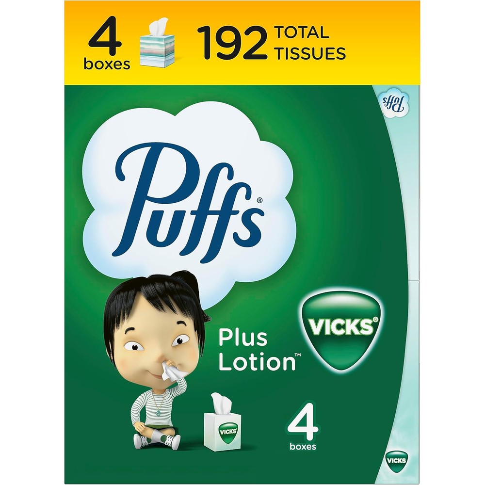 Puffs Plus Lotion with Vicks Facial Tissues 4 Cube Pack front view for cold relief
