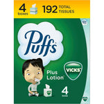 Puffs Plus Lotion with Vicks Facial Tissues 4 Cube Pack front view for cold relief