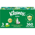 Kleenex Lotion Facial Tissues front view of 3 flat boxes for sensitive skin care.
