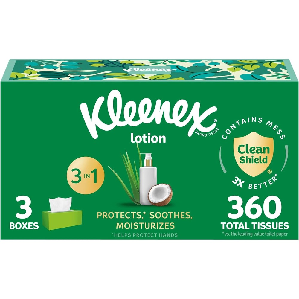 Kleenex Lotion Facial Tissues front view of 3 flat boxes for sensitive skin care.